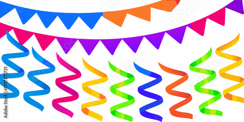 Colorful party decorations including flags streamers and ribbons are displayed