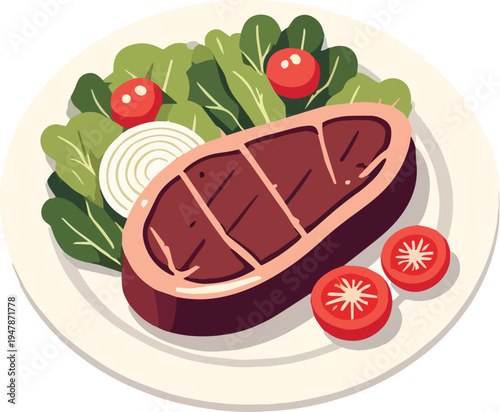 bistecca al sangue con insalata pomodori e cipolla al piatto vettoriale