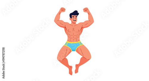 Man in blue underwear flexing muscles.