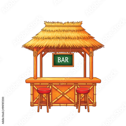 A colorful illustration depicts a tiki bar with a thatched roof and seating