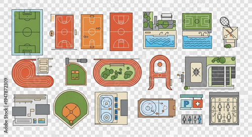 Overhead Views of Various Sports Fields and Courts.