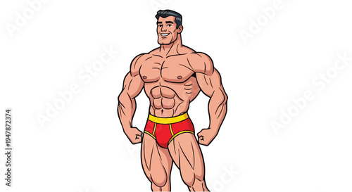 Muscular cartoon man in red briefs.