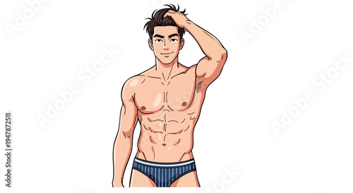 Muscular man in blue underwear posing.