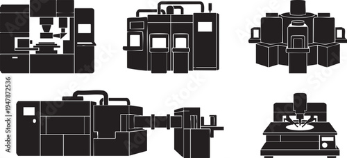 Semiconductor Manufacturing Machines Icon Set - Wafer Fabrication Equipment Vector Silhouettes