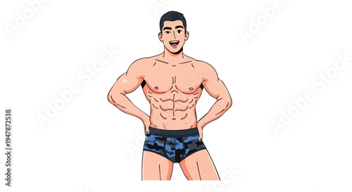 Muscular man in underwear standing confidently.