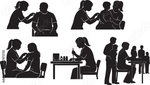 Vaccination Clinic Silhouette Set – Immunization Center, Healthcare Workers, Patient Vaccination, Medical Vector Illustration
