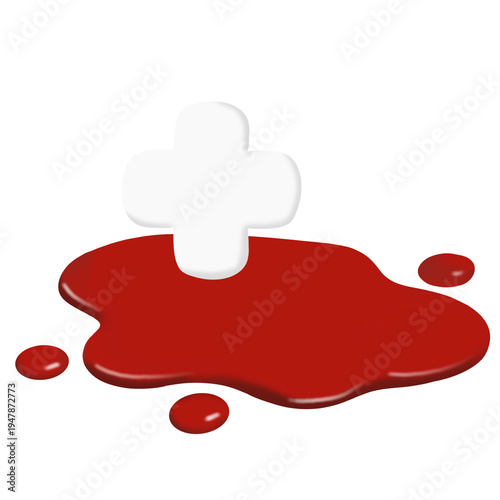 A large red blood droplet with a white cross in the center stands on a light blue background. 