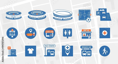 Collection of Sports and Recreation Icons on a Map Background.