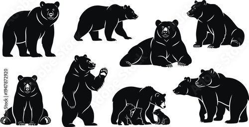 Black bear silhouette vector set with grizzly bears in various poses, walking, sitting, standing, and mother bear with cubs, isolated.