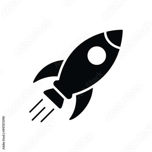 Black rocket icon with smoke trail, symbolizing startup launch, innovation, speed, and success in vector format