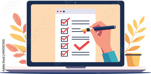 Finestra del browser dell'elenco di controllo. Segno di spunta. Segno di spunta bianco sullo schermo del laptop. Scelta, concetti di indagine. Elementi per banner web, siti web, vettoriale