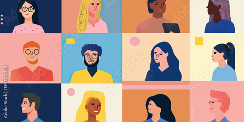 Diverse smiling business people participating in colorful virtual video conference grid with minimalist flat design portraits for online teamwork and remote collaboration