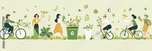 Group of people cycling and walking with plants outdoors recycling waste in eco friendly sustainable environment concept flat vector illustration