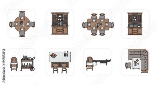 Overhead View of Dining Room Furniture and Bar Setup.