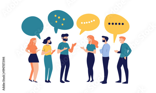 Group of diverse people in casual clothing engaged in active conversation with colorful speech bubbles communicating ideas and interaction flat vector illustration