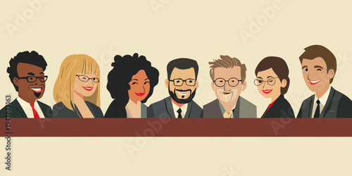 Diverse business team group portrait smiling in formal office attire on beige background flat vector illustration