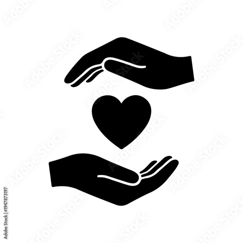 Black vector icon of two hands protecting a heart, symbolizing care, love, health, and generosity