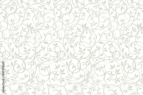 Elegant floral damask pattern, light gray botanical swirl background, seamless vine and leaf wallpaper texture, subtle decorative vector illustration