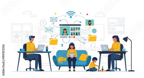 Family working and learning from home vector illustration