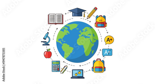 Global education concept illustrative graphic with earth school supplies and learning elements