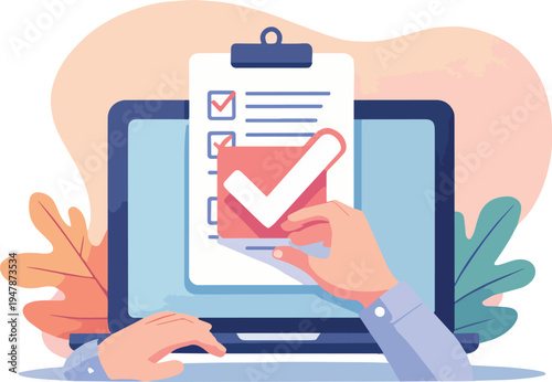 Finestra del browser dell'elenco di controllo. Segno di spunta. Segno di spunta bianco sullo schermo del laptop. Scelta, concetti di indagine. Elementi per banner web, siti web, vettoriale