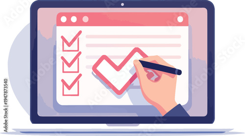 Finestra del browser dell'elenco di controllo. Segno di spunta. Segno di spunta bianco sullo schermo del laptop. Scelta, concetti di indagine. Elementi per banner web, siti web, vettoriale