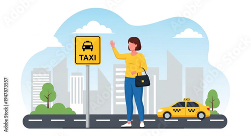Woman Hailing Yellow Taxi Cab.
