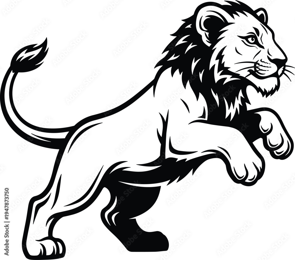 Obraz premium Powerful lion vector illustration, black and white pouncing lion mascot, jumping wild cat, majestic jungle predator, isolated king of animals.