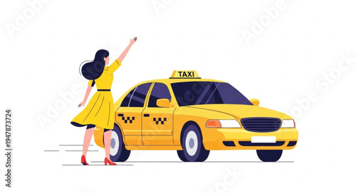 Woman Hailing Yellow Taxi Cab.