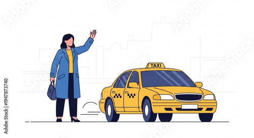 Woman Hailing Yellow Taxi Cab.