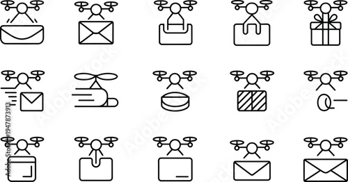 Various icons depicting drones delivering different types of packages and items
