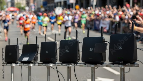Crisp shot of wireless 5G routers relaying live footage during a competitive marathon with runners and cheering crowd softly defocused in the distance.