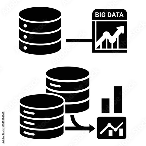 Big data icon showing database disks and analytics chart | information processing and storage system symbol | solid black vector illustration