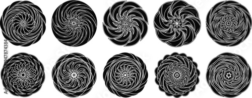 Abstract Spiral Swirl Circle Pattern Set with Rotating Radial Shapes Isolated Vector Collection for Logo Design, Decorative Elements, Branding Graphics, and Geometric Illustrations