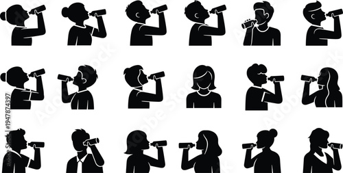 People Drinking Water Bottle Silhouette Icon Set with Male and Female Hydration Profiles Isolated Vector Collection for Health, Fitness, Wellness, and Healthy Lifestyle Designs