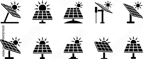 Collection of solar panel icons with varying orientations and designs