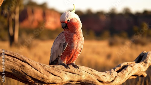 Pink and gray cockatoo on branch.