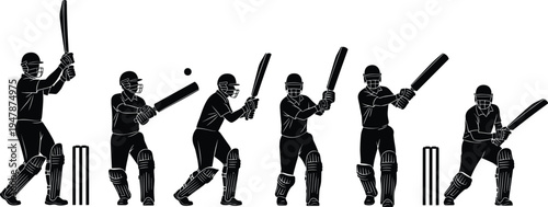 Cricket Batsman Silhouette Set Showing Different Batting Shots and Playing Poses with Bat and Ball Isolated Vector Collection for Sports Graphics and Cricket Designs