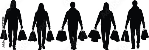 People Walking with Shopping Bags Silhouette Collection with Male and Female Shoppers Carrying Retail Purchases Isolated Vector Set for Consumer, Sale, and Store Designs