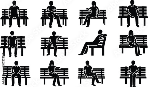 People Sitting on Park Bench Silhouette Set with Different Relaxed Poses Isolated Vector Collection for Urban Lifestyle, Public Park Scenes, Waiting Areas, and City Illustrations