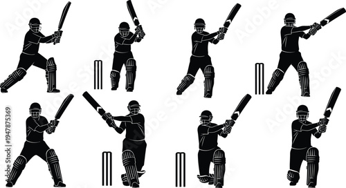 Cricket Player Batting Silhouette Set with Different Shot Poses and Stances Isolated Vector Collection for Sports Design, Tournament Posters, Coaching Graphics, and Cricket Illustrations