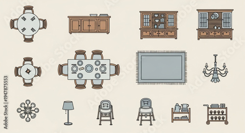 Overhead View of Dining Room Furniture and Decor Elements.