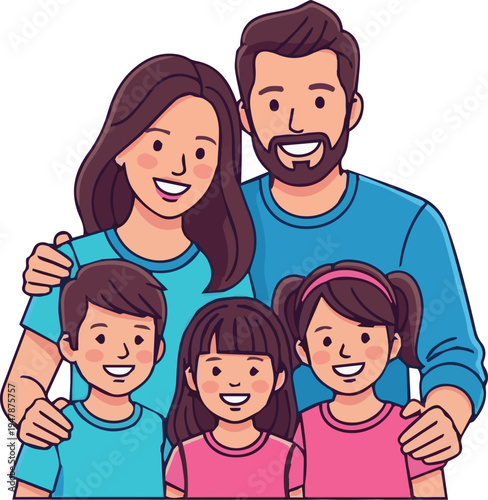 Flat vector illustration of a happy family with parents and two young children, smiling and standing together, embracing. Clean lines, vibrant solid colors, minimal details, white background, modern