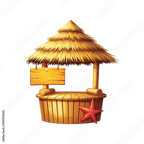 A cartoon tiki hut bar with a thatched roof and a bright red starfish