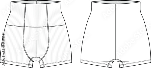 Women's high waisted ribbed boy shorts cad drawing flat vector illustration with elastic waistband, gusset detail, and technical fashion sketch.