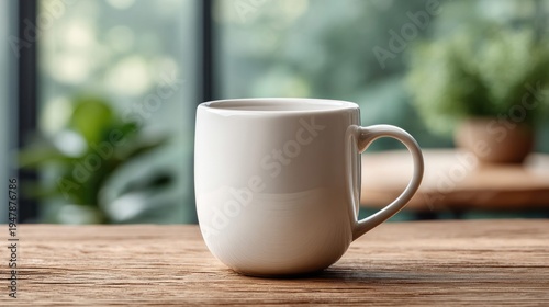 A simple white ceramic mug sits on a rustic wooden table with a blurred green background