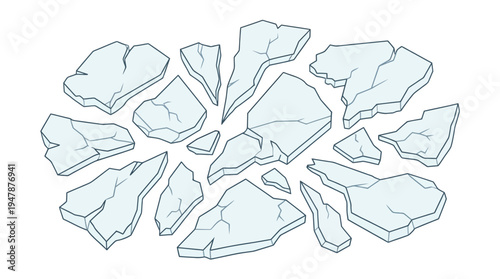 Broken ice fragments on white background.