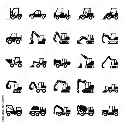 A set of black and white road construction icons featuring various heavy machinery and vehicles.