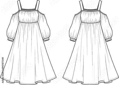 Women's cold shoulder puff sleeve midi dress cad drawing flat vector illustration with empire waist, gathered bust, and technical sketch.
