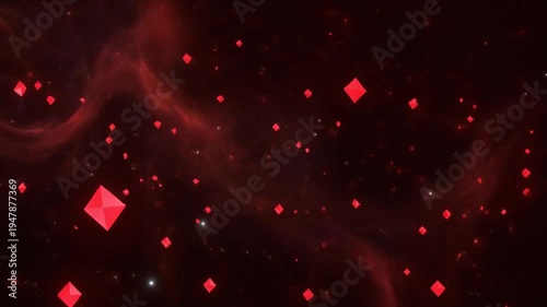 Red particles floating in dark space.